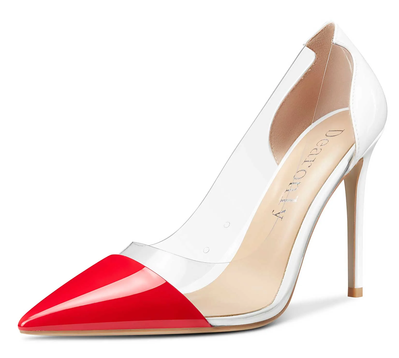 DearOnly Women's High Heels Transparent Clear Pumps Slip On Sexy Pointed Toe Stilettos 4" Inch Red Colorfull Patent Heel