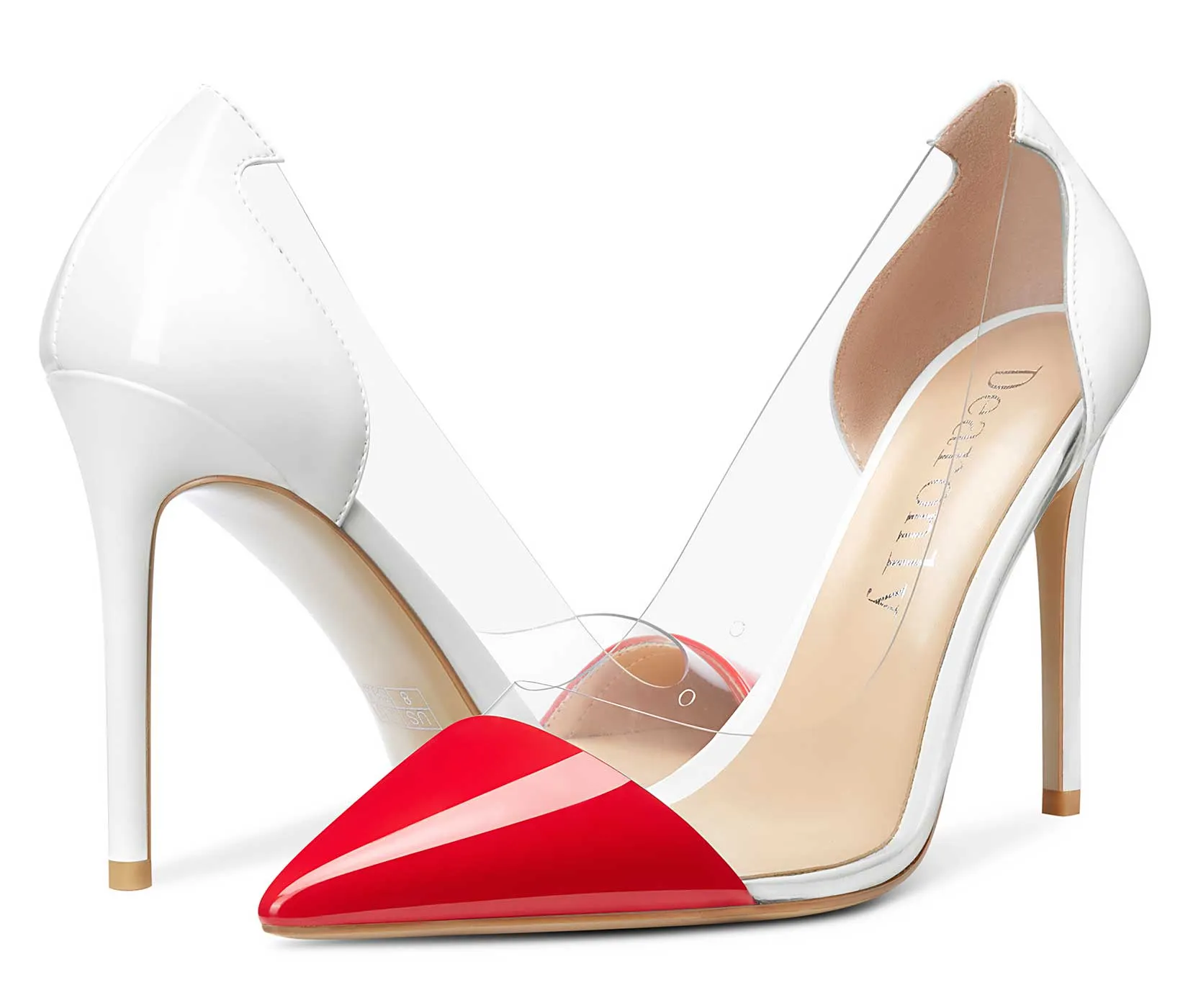 DearOnly Women's High Heels Transparent Clear Pumps Slip On Sexy Pointed Toe Stilettos 4" Inch Red Colorfull Patent Heel
