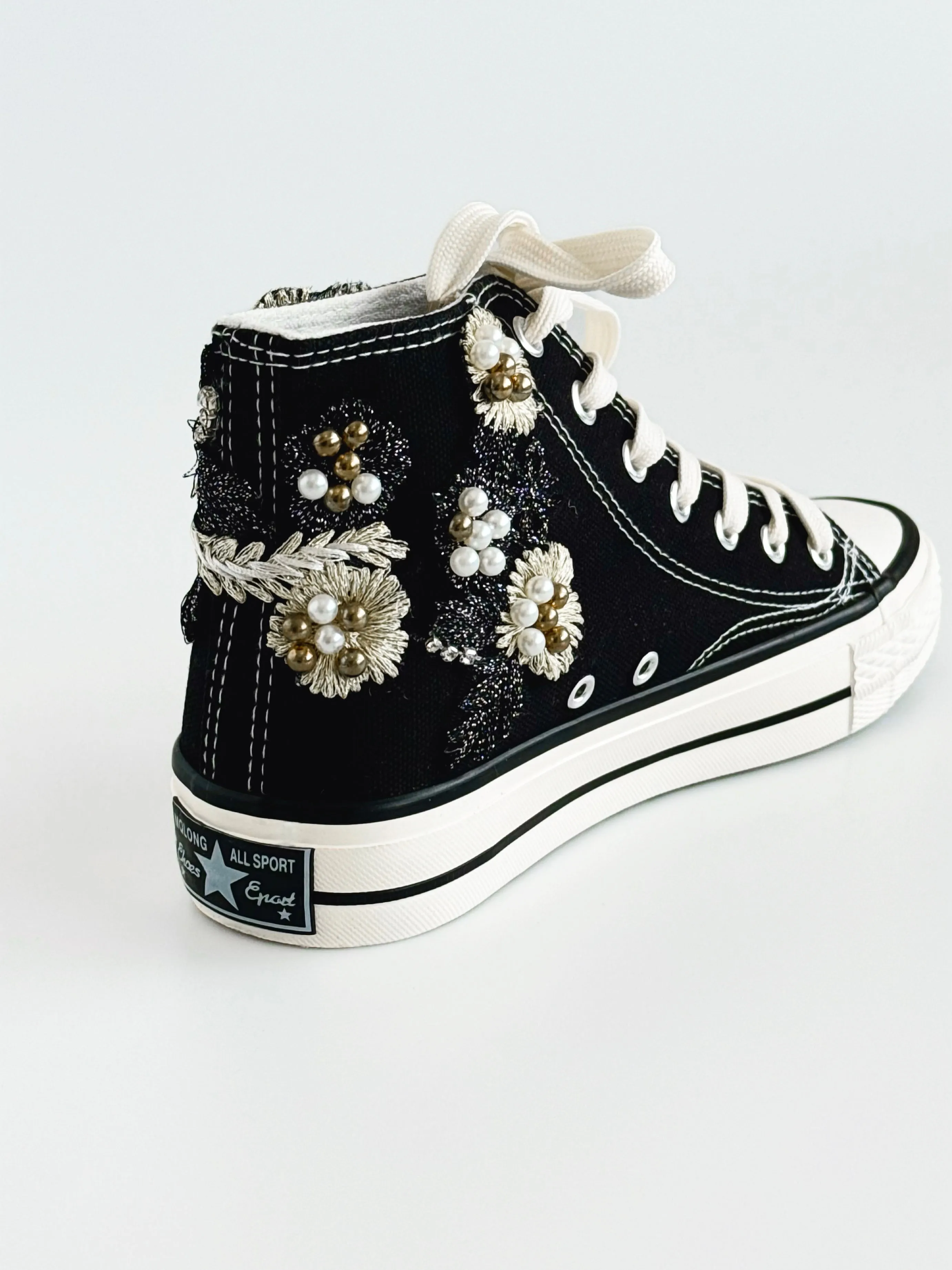 Floral Embellished Sneakers-Black