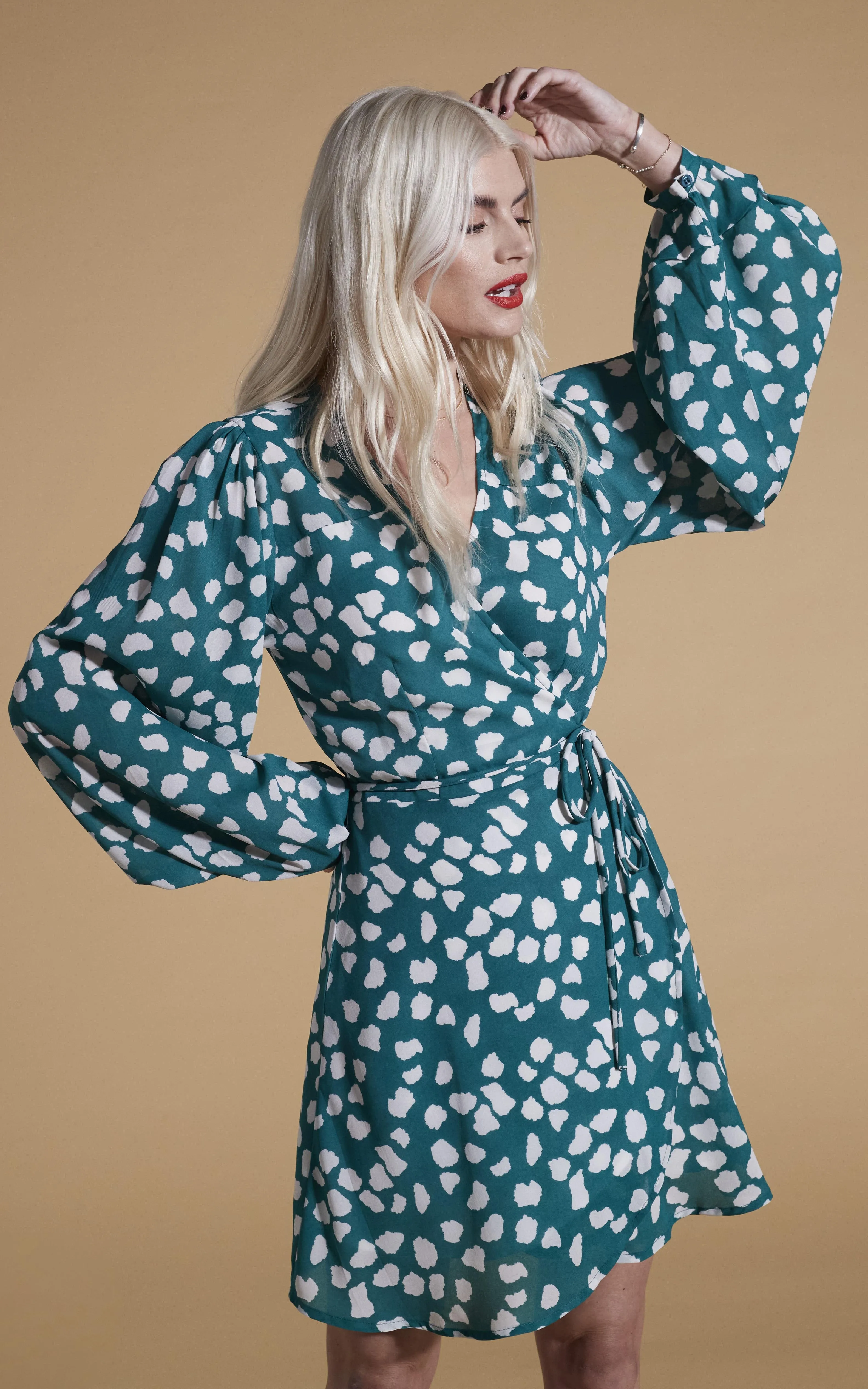 Ginger Mini Wrap Dress In White On Green Cloud