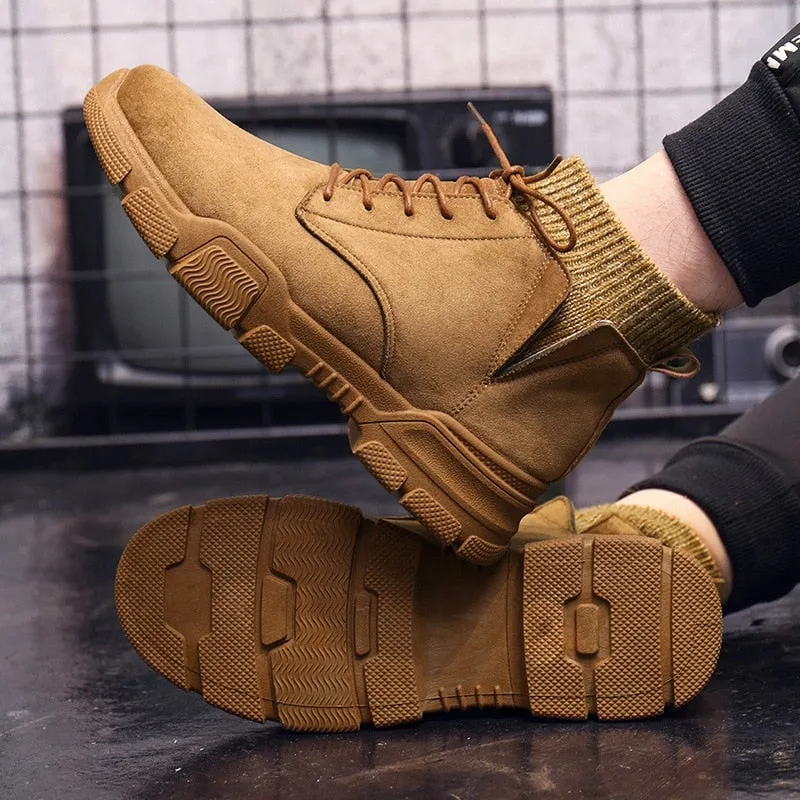 Men's Brown British Style Mid-top Boots w/ Flex Sock Lining