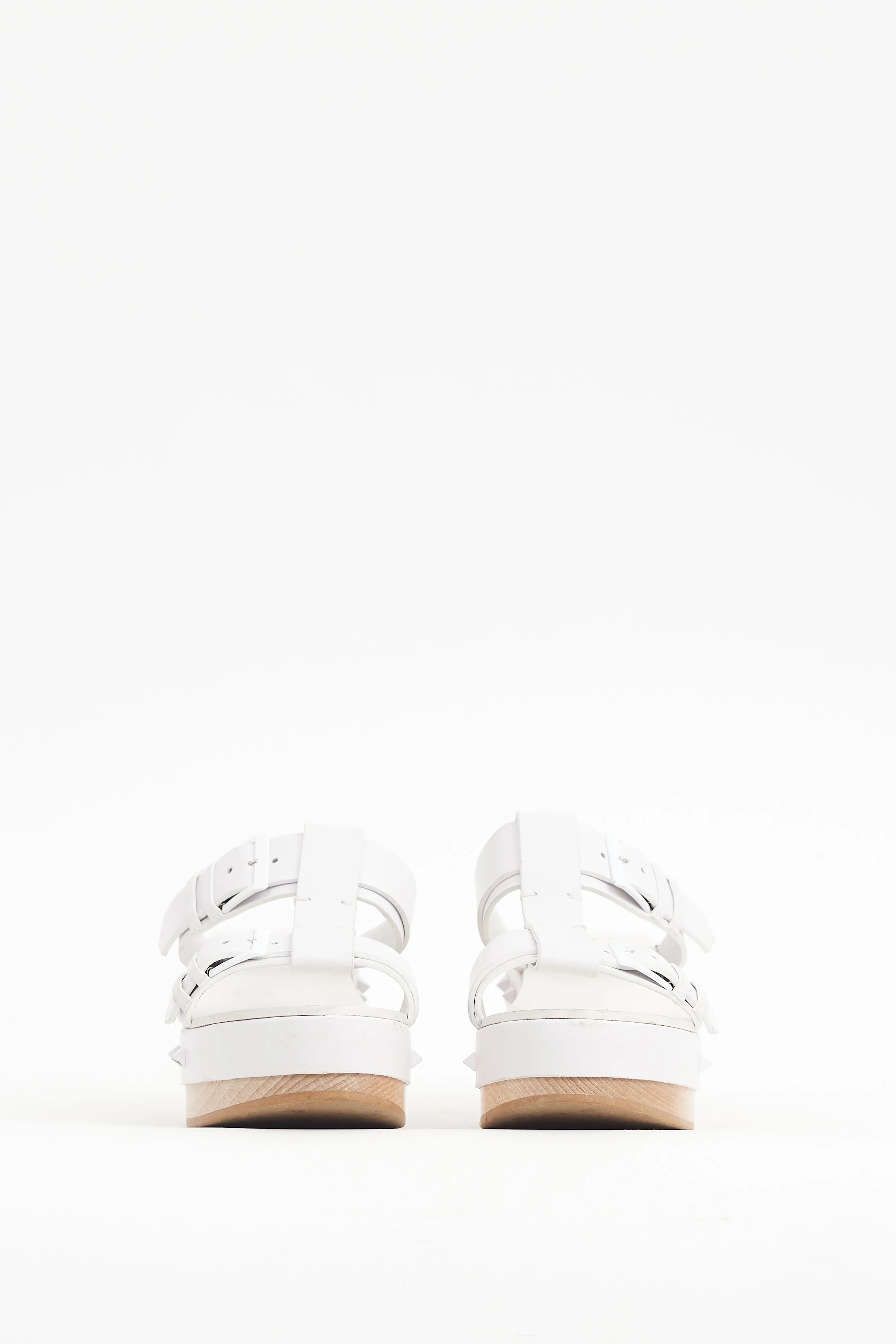 White & Beige Leather Strap Wedge Heel