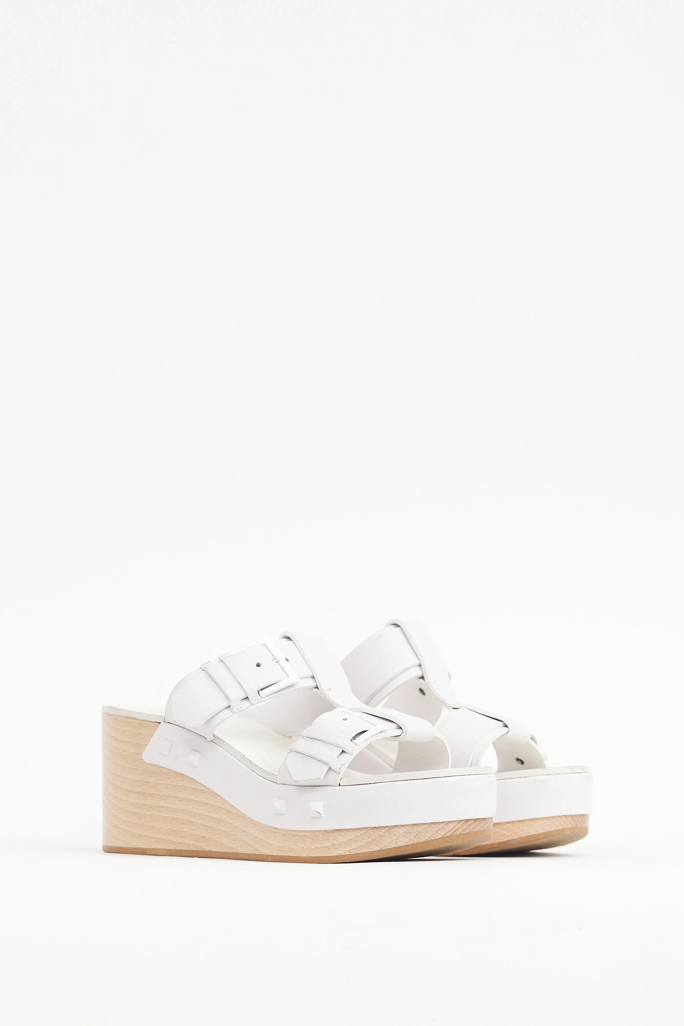 White & Beige Leather Strap Wedge Heel