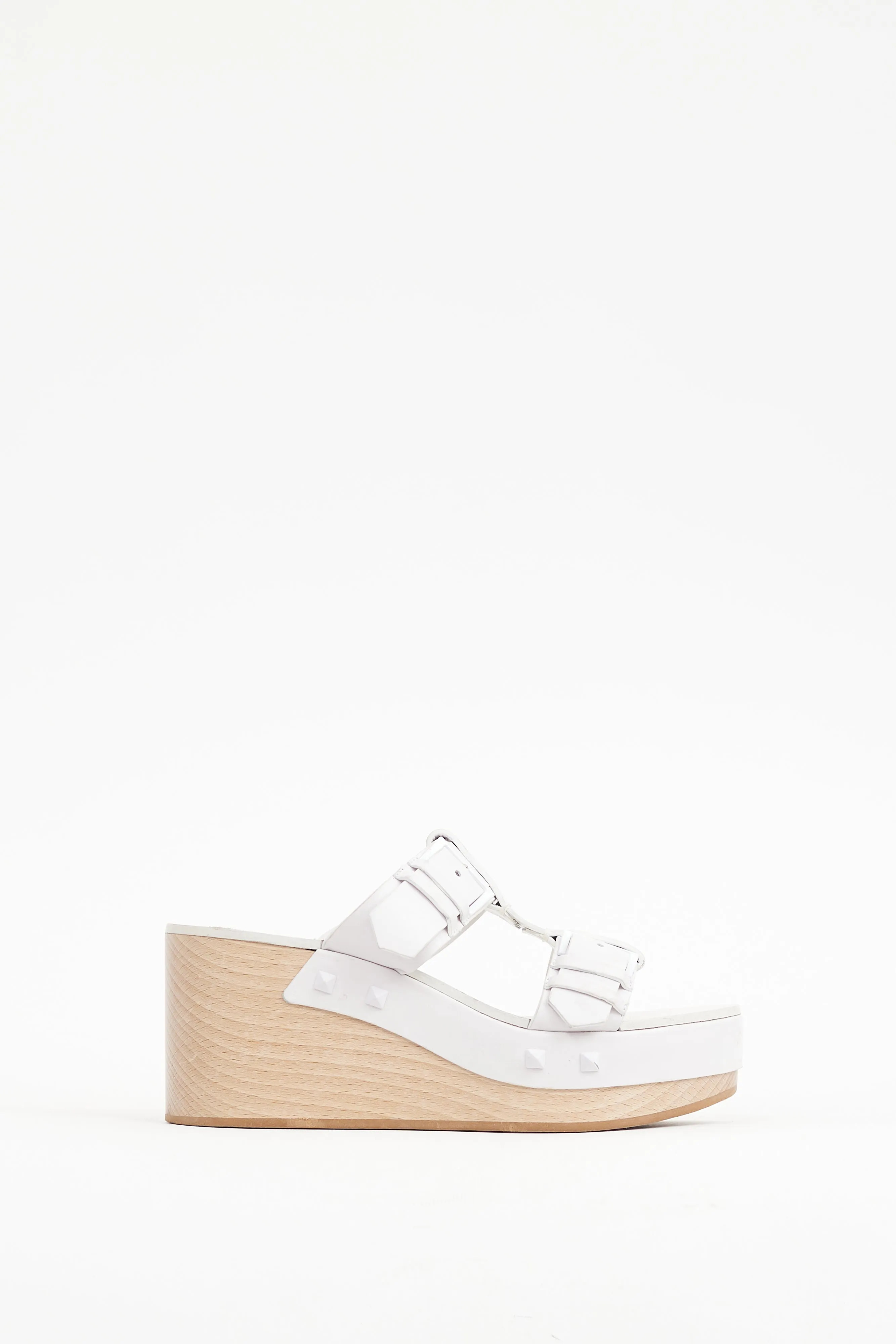 White & Beige Leather Strap Wedge Heel